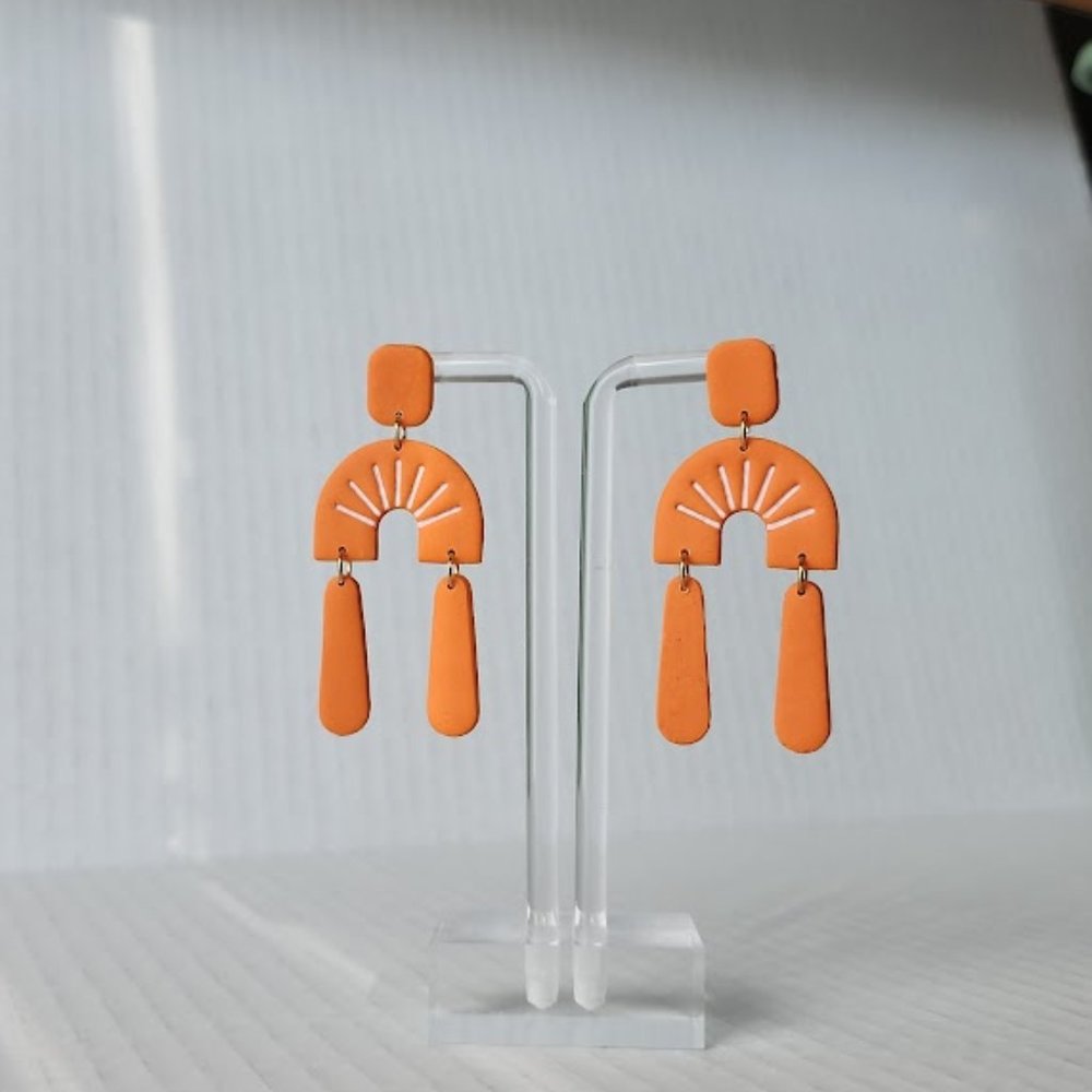 Orange Arch White lines Polymer clay earrings handmade Lightweight 2.5"